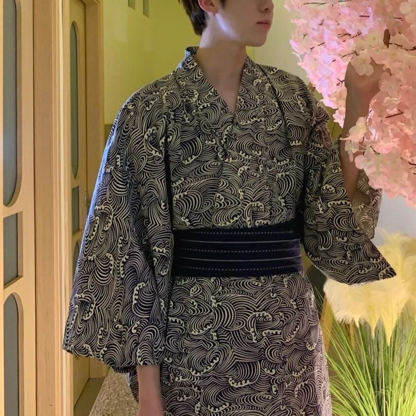 Golden Heir men's traditional Japanese kimono bath robe with intricate patterns and a comfortable fit, ideal for relaxing or lounging.