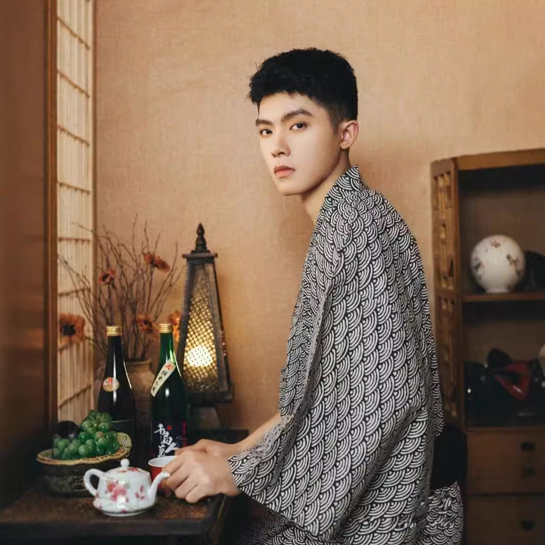 Golden Heir men's traditional Japanese kimono bath robe with intricate patterns and a comfortable, elegant fit.