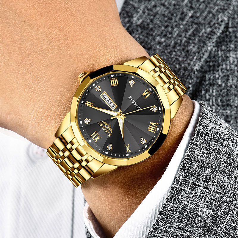 Golden Heir men's dual-calendar waterproof luminous quartz watch with black strap and glowing dial, showing time and date features.