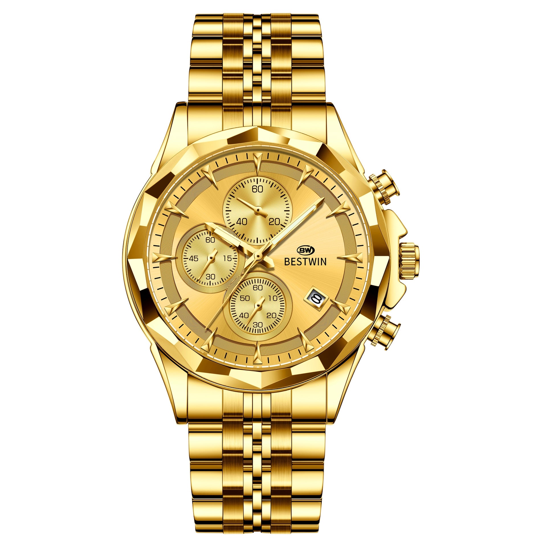 Golden Heir men's luminous six-hand personalized watch with a stylish design and eye-catching dial, showcasing a sophisticated timepiece.