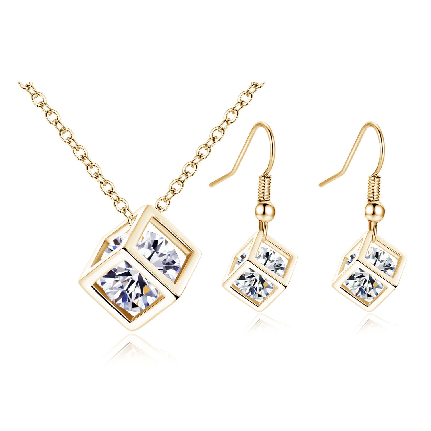 Golden Heir Water Cube Zircon Jewelry Set featuring a sleek necklace and matching earrings with sparkling zircon stones.