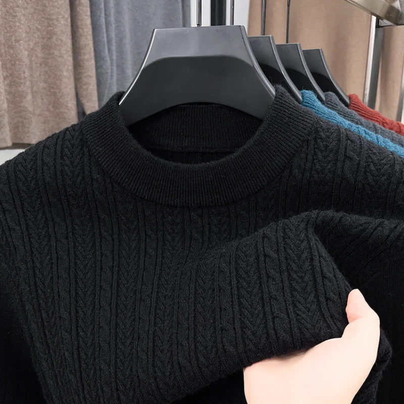 Golden Heir men's warm long sleeve turtleneck top in golden color, showcasing its cozy knit fabric and fitted style.