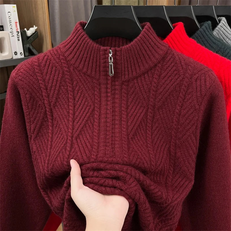 Golden Heir thickened wool crewneck sweater, long sleeve top in warm golden color, showing a close-up of the textured knit fabric.