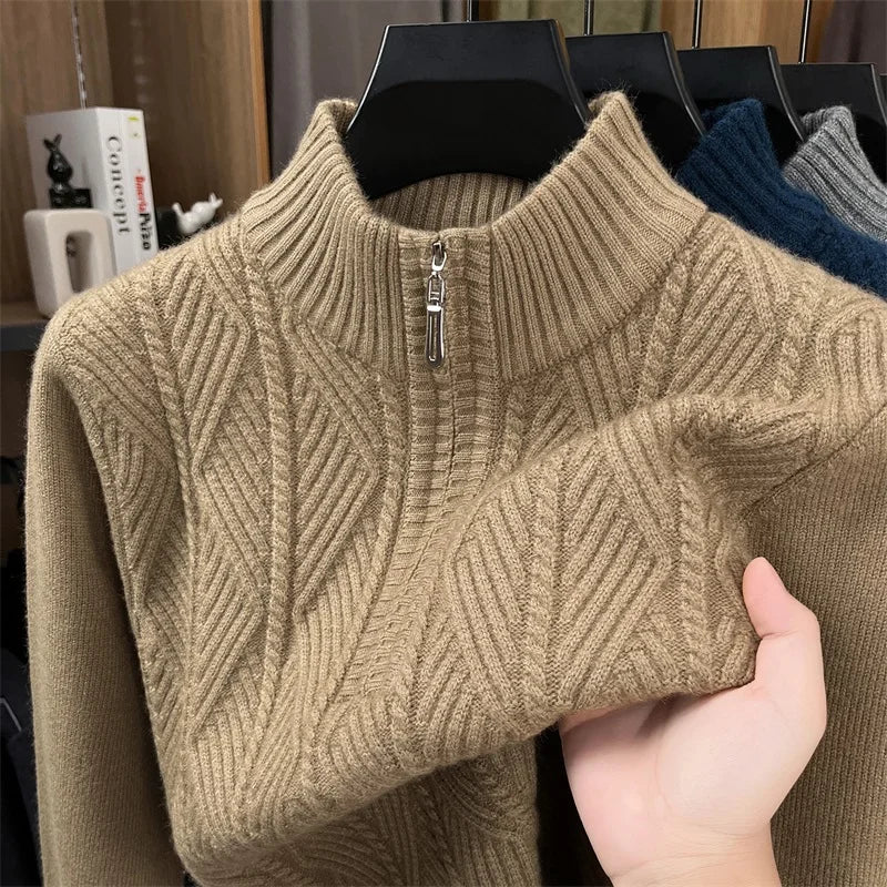 Golden Heir thickened wool crewneck sweater, long sleeve top in warm golden color, close-up of soft knit fabric.