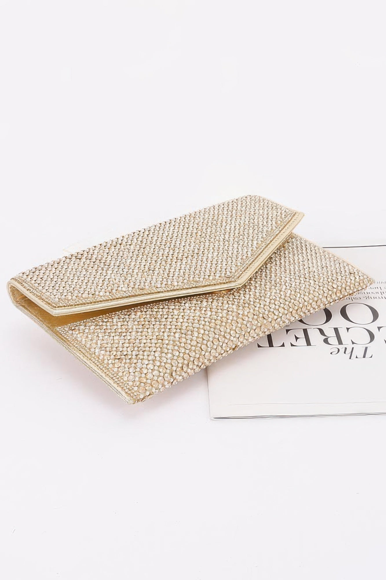 Golden Heir Rhinestone Pearl Flap Party Clutch with sparkling embellishments and elegant design for evening events.