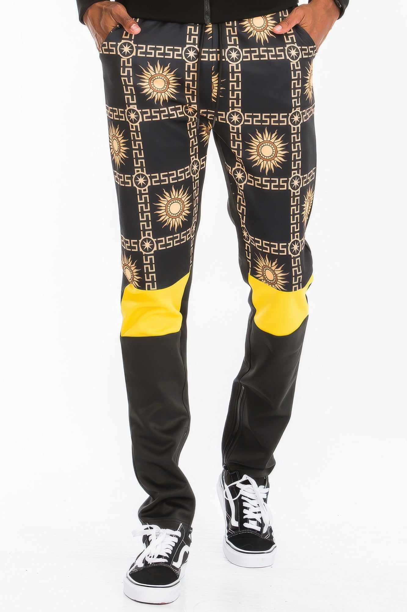 Golden Heir printed poly span activewear track set with matching top and pants, designed for comfortable athletic wear.