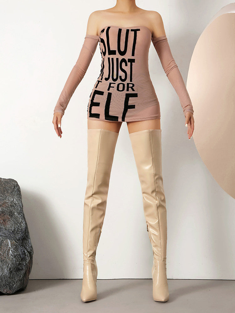 Golden Heir pointed-toe over-the-knee boots with stiletto heels, slim fit design, and sleek black leather appearance.