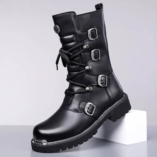 Golden Heir men's high-top riding boots in denim with a vintage British style, suitable for autumn and winter wear.