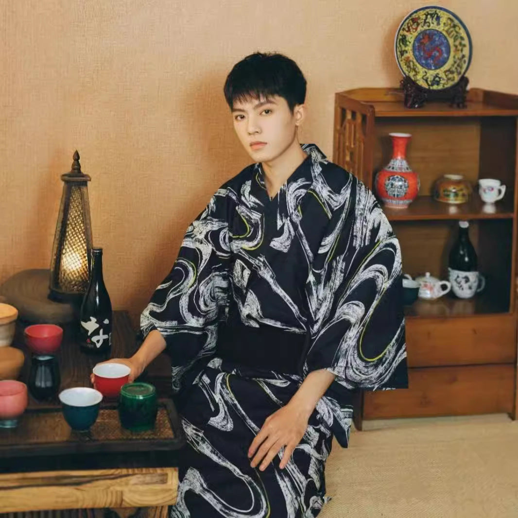 Golden Heir men's traditional Japanese kimono bath robe with intricate patterns and a relaxed fit, ideal for comfortable loungewear.