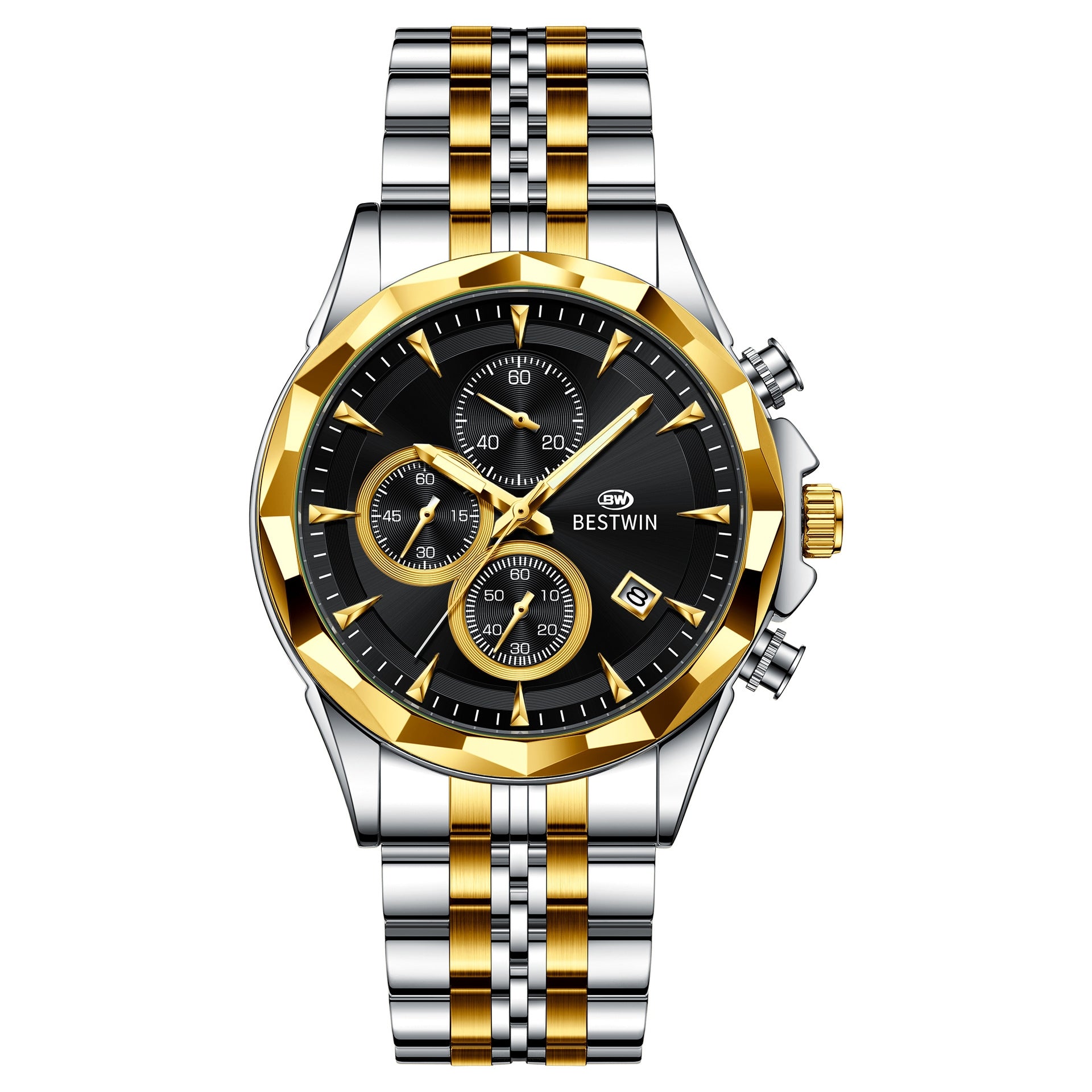 Golden Heir men's luminous six-hand personalized watch with stylish design, featuring a black dial and glowing hands.
