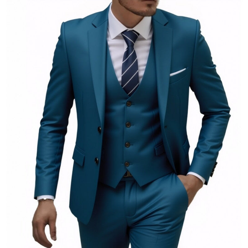 Golden Heir men's wedding best man suit with three-piece blazer set, featuring tailored jacket, vest, and trousers.