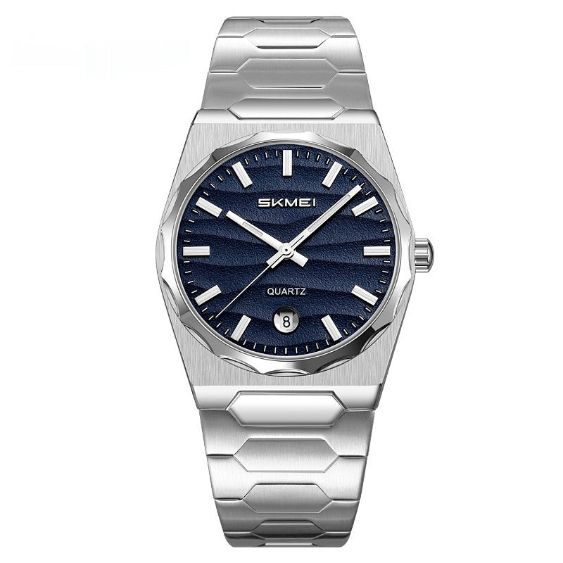 Golden Heir men's watch with steel band and calendar function, featuring a sleek design and detailed dial.