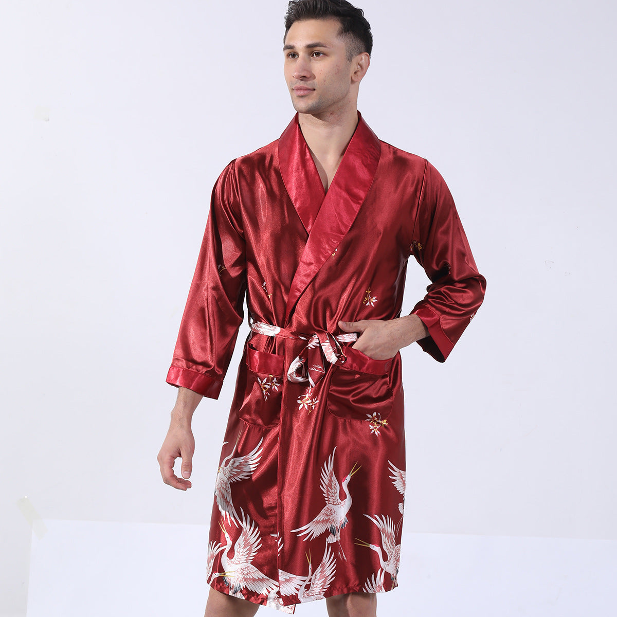 Golden Heir men's summer silk bathrobe nightgown pajamas, lightweight and soft with a relaxed fit and elegant design.