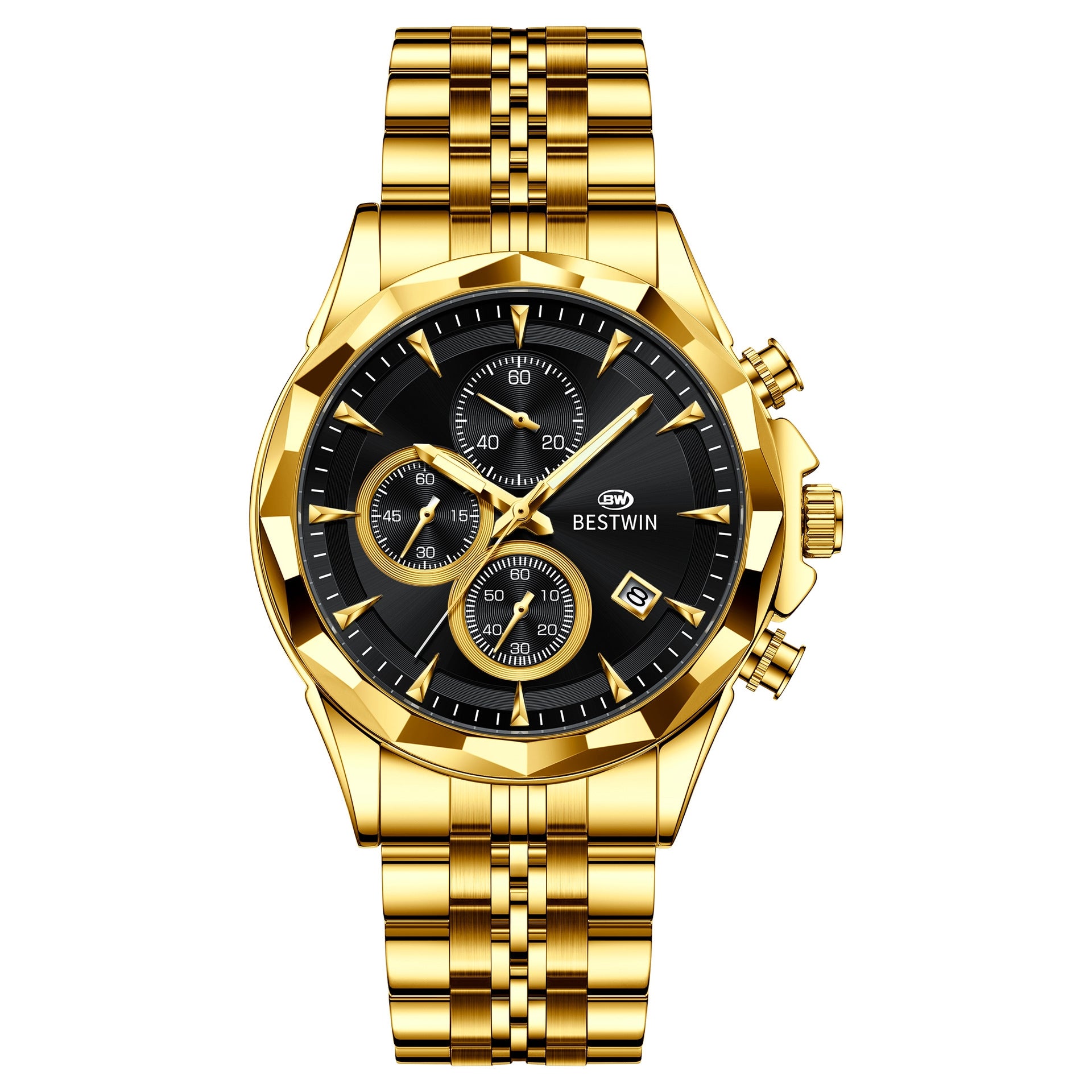 Golden Heir men's luminous six-hand personalized watch with stylish design and eye-catching dial, showcasing the watch face and luminous features.