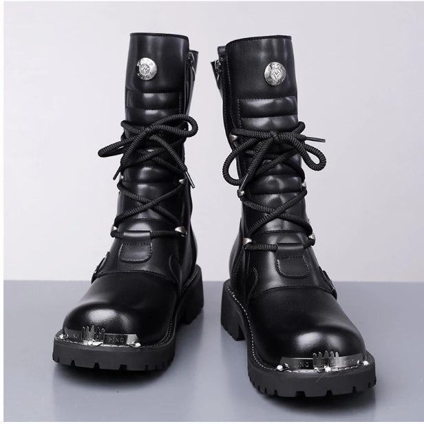 Golden Heir men's high-top riding boots with denim and vintage British style, perfect for autumn and winter fashion.