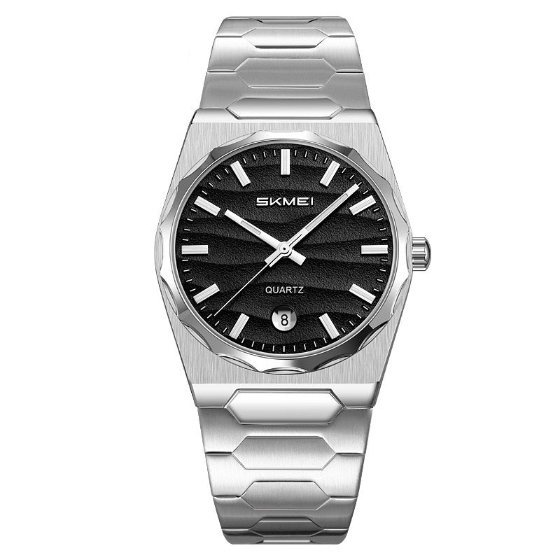 Golden Heir men's watch with a steel band and calendar function, showing a close-up of the watch face with time and date display.