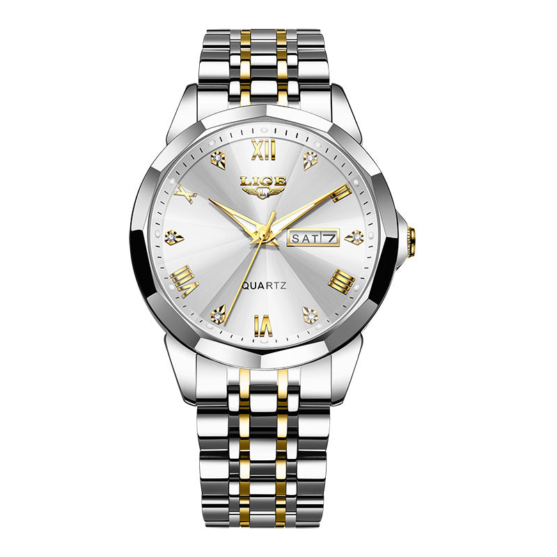 Golden Heir men's waterproof luminous quartz watch with dual-calendar display, black dial, and stainless steel strap.