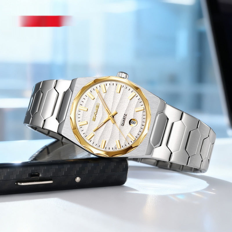 Golden Heir men's watch with a steel band and calendar function, featuring a sleek and modern design.
