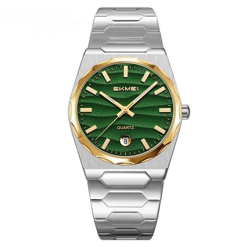 Golden Heir men's watch with a steel band and calendar function, featuring a sleek design and functional timekeeping.