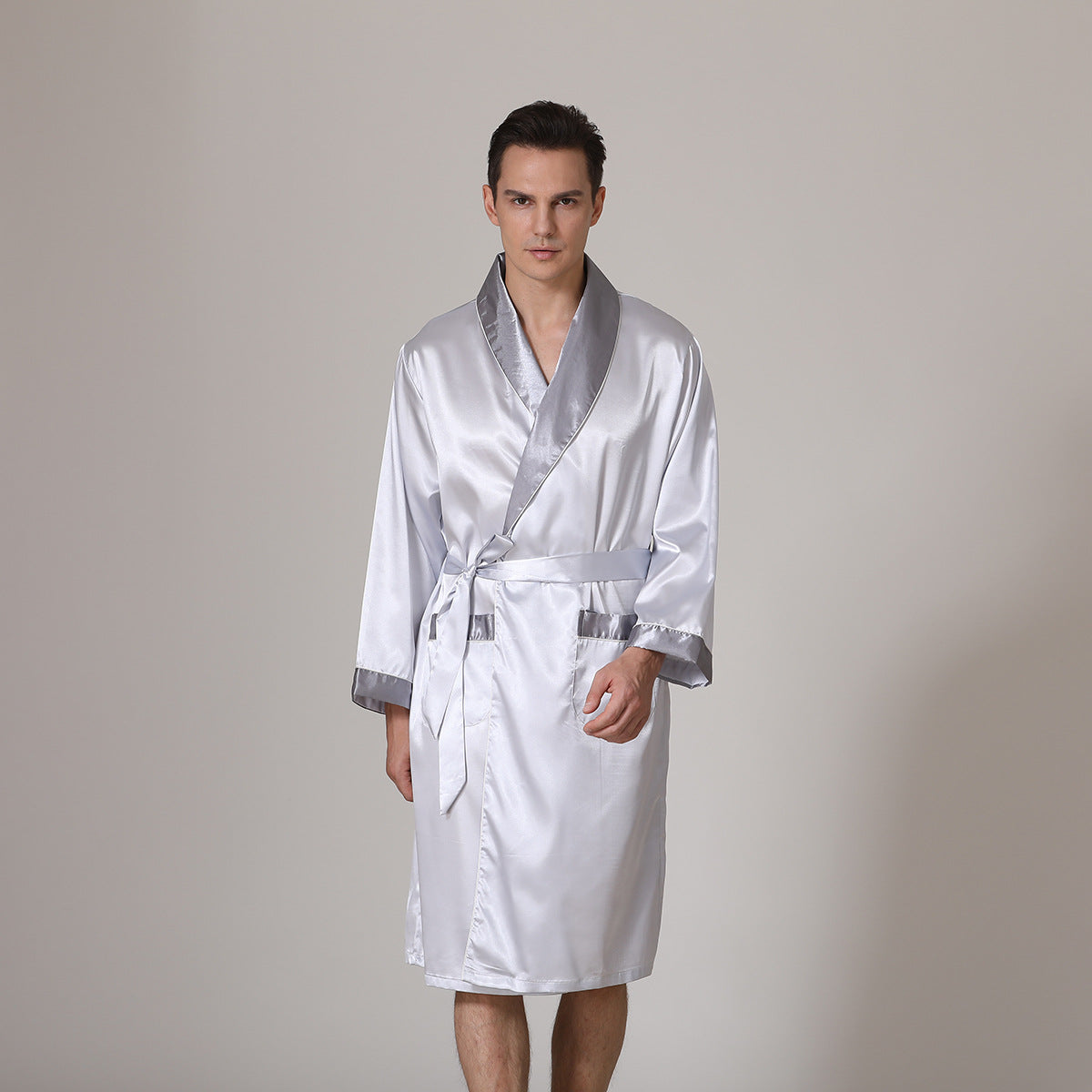Golden Heir men's summer silk bathrobe and pajama nightgown, lightweight and comfortable for warm nights, displayed on a hanger.
