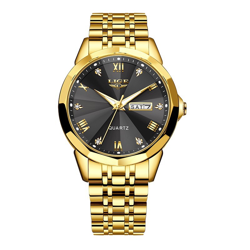 Golden Heir men's waterproof luminous quartz watch with dual-calendar display, black dial, and silver metal strap.