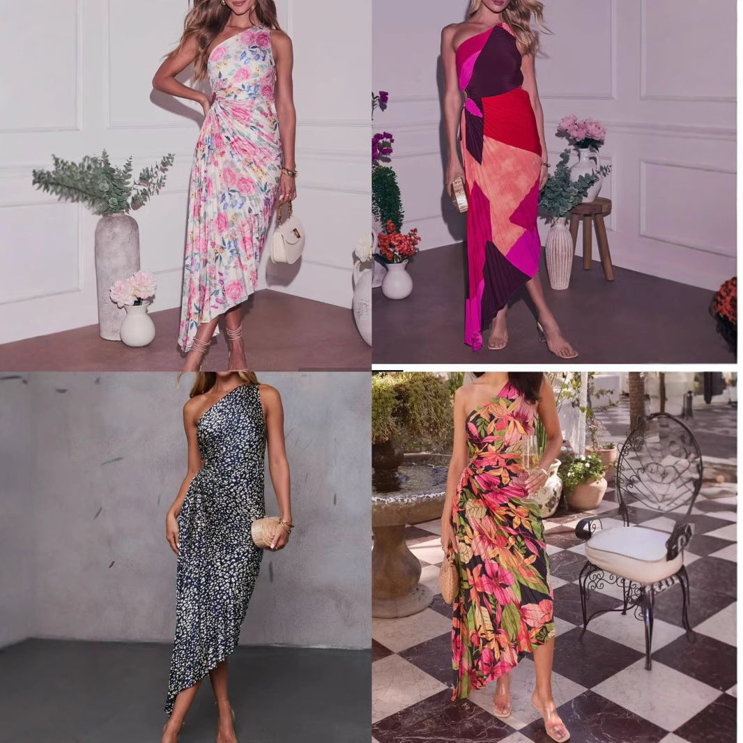 Golden Heir off-shoulder printed dress with ruched design, showcasing a sexy, feminine style perfect for summer or special occasions.