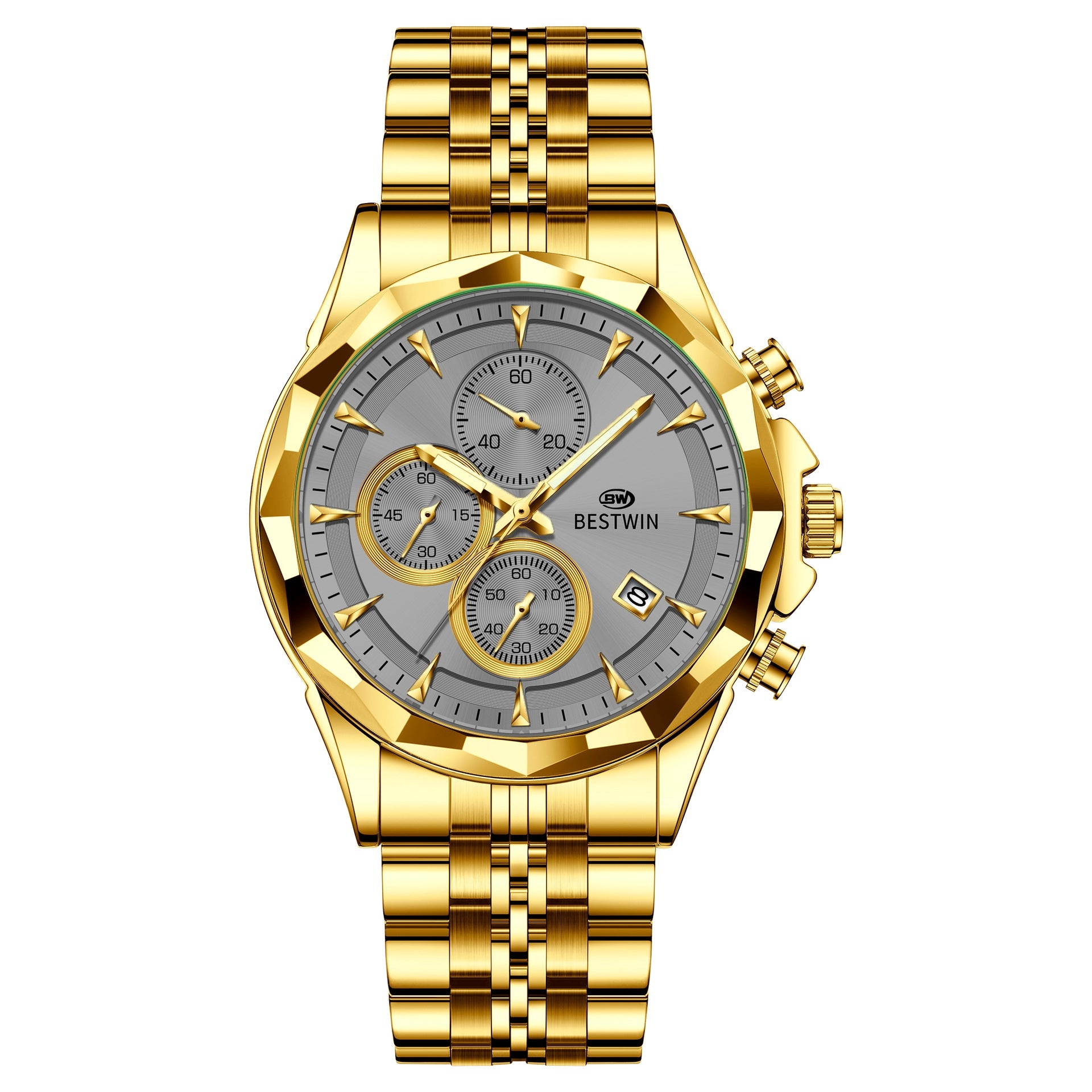 Golden Heir men's luminous six-hand personalized watch with stylish design and eye-catching dial, showcasing the watch face and details.
