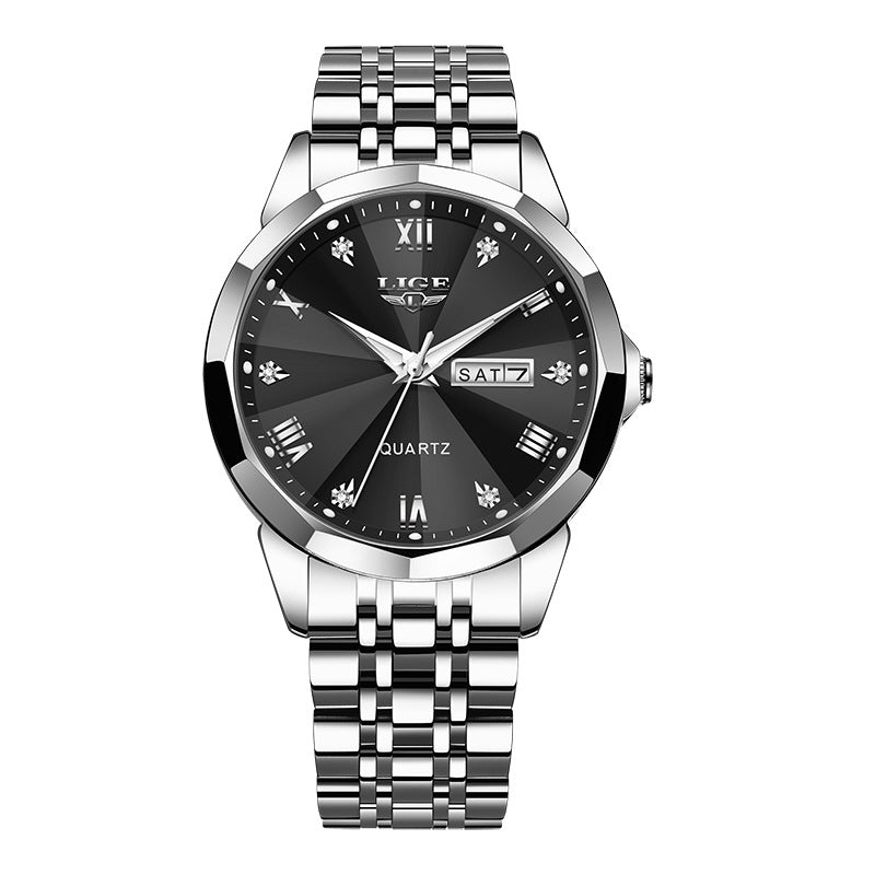 Golden Heir men's waterproof luminous quartz watch with dual-calendar display, featuring a sleek dial and durable strap.