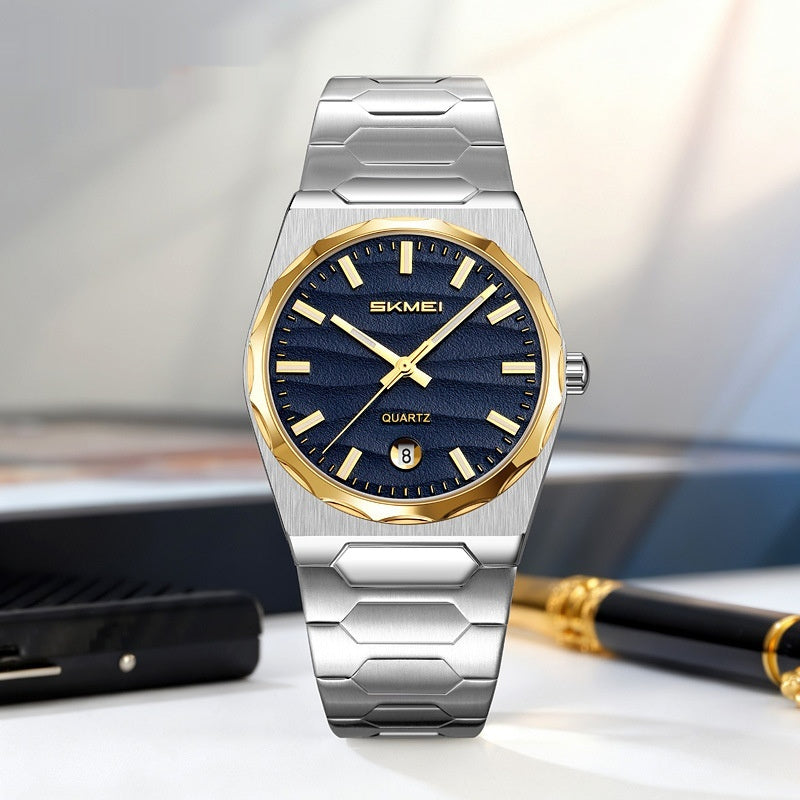 Golden Heir men's watch with steel band and calendar function, featuring a sleek dial and stainless steel strap.
