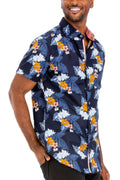 Golden Heir men's Hawaiian print button-down shirt in blue, featuring a colorful tropical floral design.